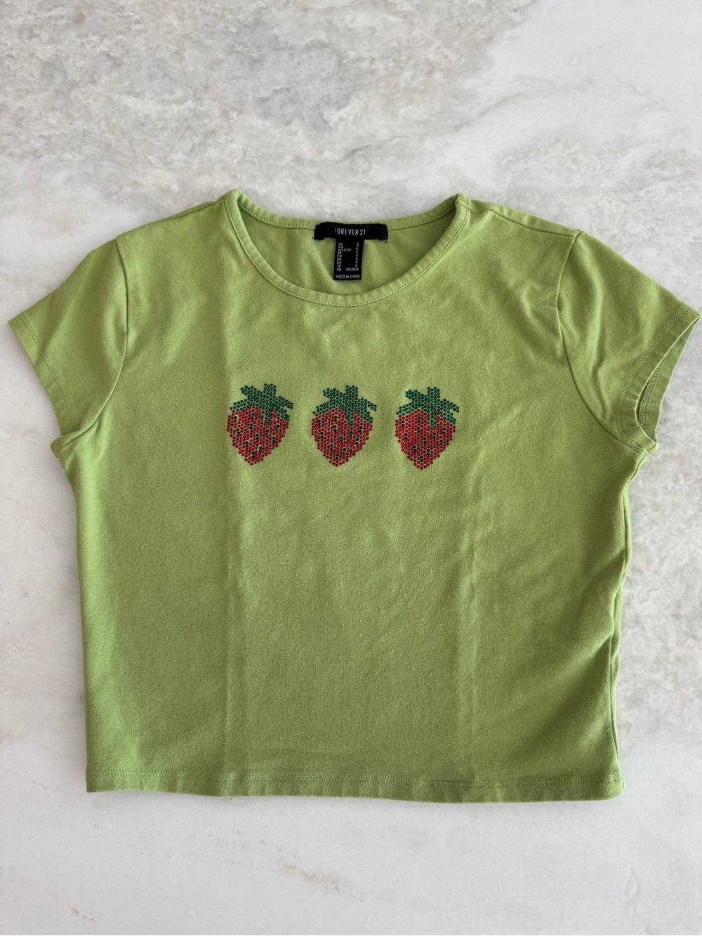 Forever 21 Girls Lime Green Strawberry Rhinestone Tee